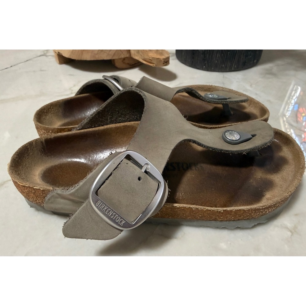 Birkenstock Gizeh Big Buckle Taupe Nubuck Leather Thong Sandals EU 37